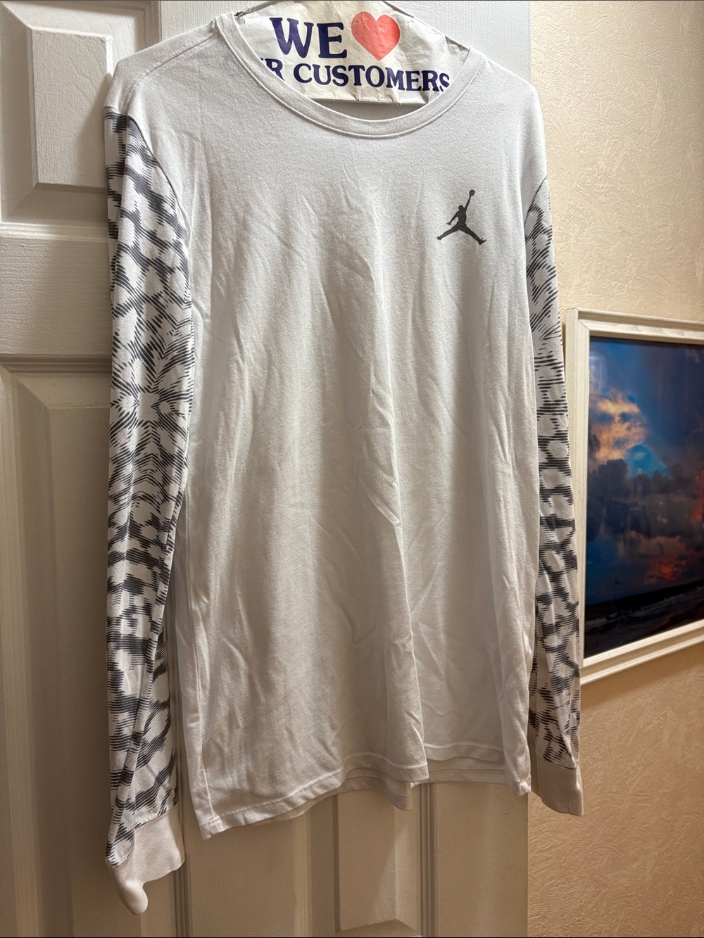 Jordan White Long Sleeve Performance Shirt with Gray Patterned Sleeves, likely S